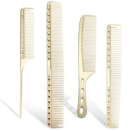 Barber Comb 4Type Aluminum Metal Combs for Cutting Comb Hair Hairdressing Tail Comb (Golden)