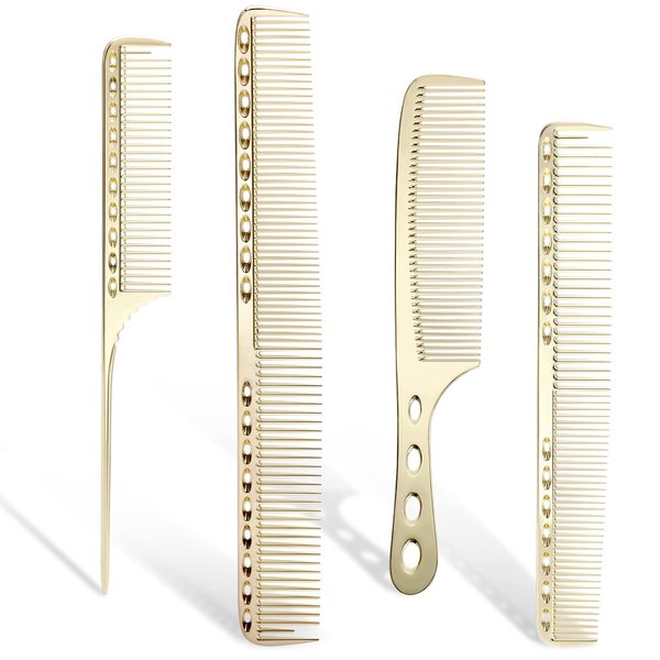 Barber Comb 4Type Aluminum Metal Combs for Cutting Comb Hair Hairdressing Tail Comb (Golden)