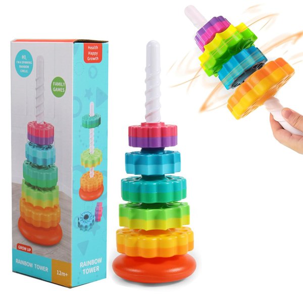 Baby Spinning Stacking Toys, Spin Toys ABS Plastic and Color Rainbow Design Ring Stacker Baby Toys 6 to 12 Months Montessori Educational Learning Autism Sensory Toys for Boys and Girls Baby