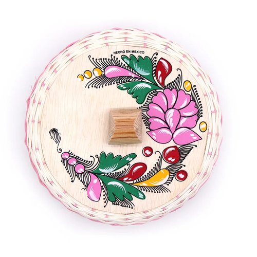 LA-TINEX Mexican Tortilla Warmer Basket, Eco-Friendly, Hand-Painted, Rattan, Brown, Round, Bohemian, Kitchen Decor. Unicel tortillero.