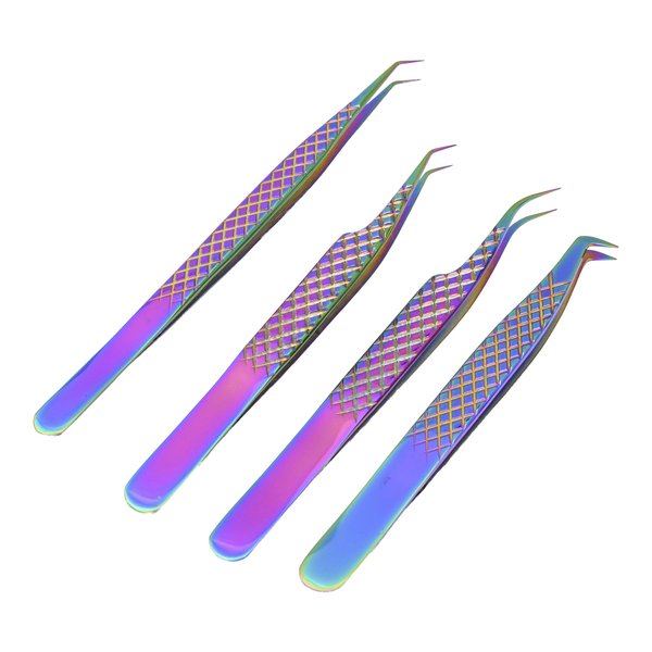 M LASH Tweezers for Eyelash Extensions (Set of 4) - Professional Lash Extension Tweezers - Fiber Tip, Japanese Steel, Diamond Grip Eyelash Extension Tweezer (Multi-Color)