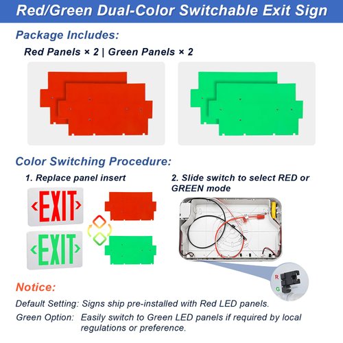 Emergency Exit Sign with 90 Min Battery Backup– Red/Green Color Switchable, UL924 Compliant, Hardwired Dual Voltage 120/277V, Self-Test Function (4)