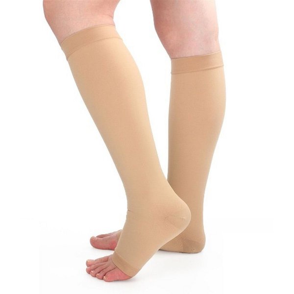 Runee Open Toe Compression Sock 20-30 mmHg Knee High Calf Support (L/XL, Beige)