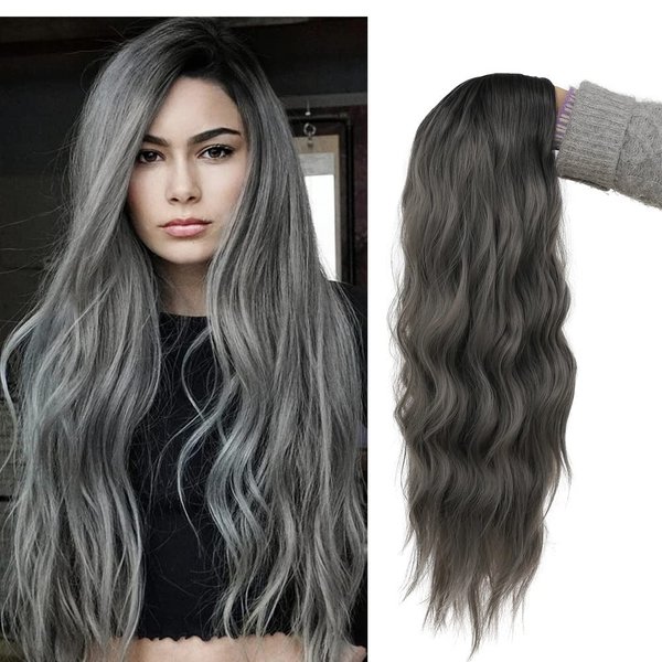 Tseses Ombre Grey Black Curly Wavy Long Wigs for Women Synthetic Hair Wigs Dark Roots Hair Women Full Wig Cosplay Halloween Party Daily Use (Ombre Grey)