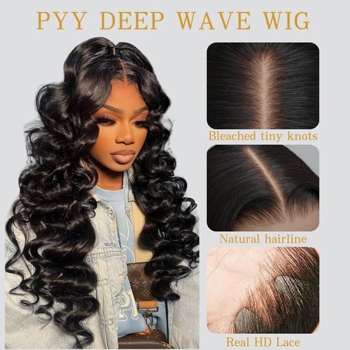 PYY Deep Wave Lace Front Wigs Human Hair 200 Density Deep Wave Wig 13x4 HD Lace Frontal Wigs for Women Glueless Wigs Pre Plucked with Baby Hair 24 Inch