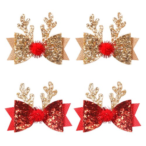 Vpsdkag 4 Pcs Christmas Hair Clips Glitter Antler Bow Hair Clips Christmas Bow Christmas Headwear for Girls