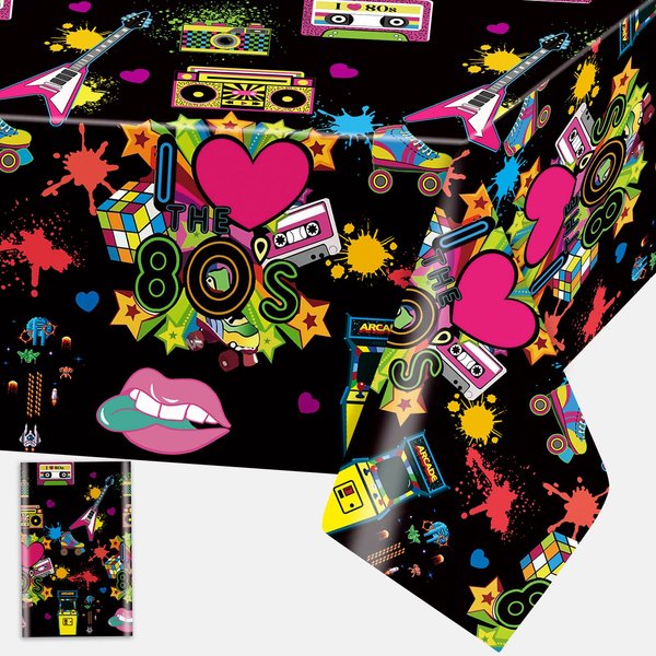 The 80's Party Tablecloth Plastic Retro Radio Table Cover Rock Rectangle Table Cloth Disposable 1980s Event 80s Hip Hop Disco Punk Throwback Birthday Party Decoration Supplies, 54 x 108 Inch, 1pc