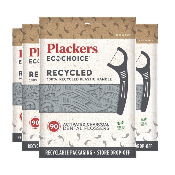 Plackers Ecochoice Activated Charcoal Recycled Dental Flossers, 90 count (Pack of 4)