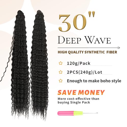 BLL Ocean Wave Crochet Hair Deep Wave Curly Braiding Hair For Boho Braids 2 Packs Long Wavy Braiding Synthetic Hair Extensions For Black Women (30 Inch(Pack of 2), 1B)