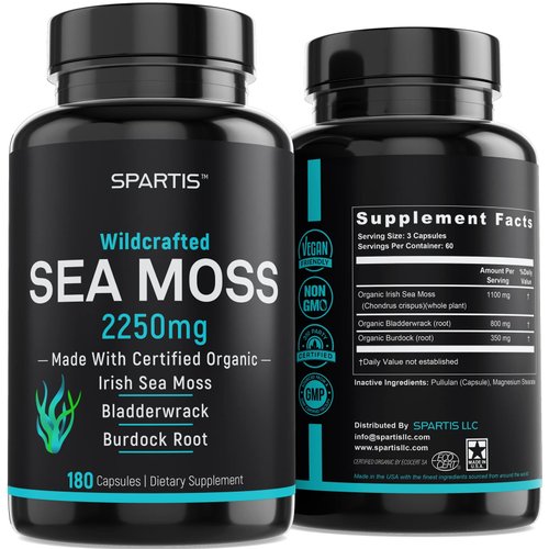Certified Organic Sea Moss Capsules 2250mg Wildcrafted Irish Sea Moss Burdock Root Bladderwrack Supplement for Energy Gut Health Skin & Joint Support Raw Seamoss Pills & Powder (Pack of 1 at 180-Caps)
