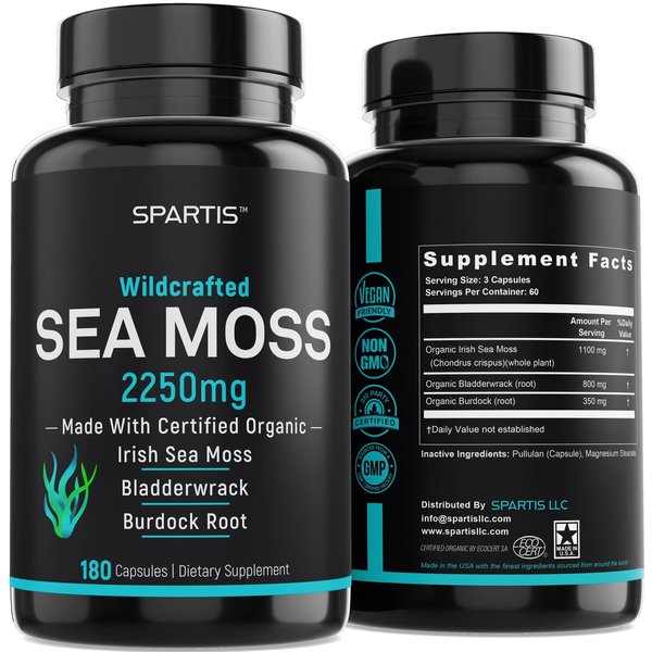 Certified Organic Sea Moss Capsules 2250mg Wildcrafted Irish Sea Moss Burdock Root Bladderwrack Supplement for Energy Gut Health Skin & Joint Support Raw Seamoss Pills & Powder (Pack of 1 at 180-Caps)