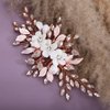 Teyglen Bridal Wedding Flower Rhinestone Hair Clip Hairpin Floral Rose Gold Crystal Leaf Hair Barrette Handmade Wedding Hair Piece Hair Accessories for Women Bride Girls (Rose Gold)
