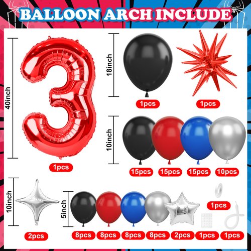 Spider 3rd Birthday Decorations for Boys, Royal Blue Black Red Silver Balloon Garland Arch Kit with 40 Inch Red Number 3 Balloon Tower, Spider 3rd Birthday Balloons for Kids Superhero Theme Party