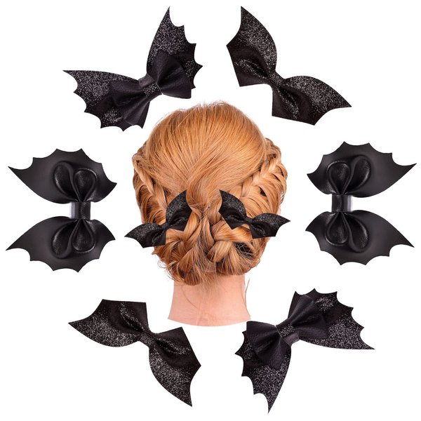 Whaline 6Pcs Halloween Bat Bow Hair Clips 3 Style Hair Bow Barrette Black Glitter PU Leather Hairpins Sparkly Alligator Hairgrips for Girls Toddlers Teens Halloween Party Hair Accessories