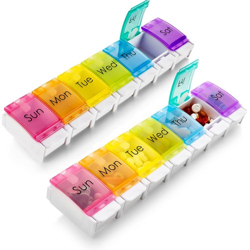 Weekly Pill Organizer - (Pack of 2) Colorful 7-Day Easy Push Button Assisted Open for Arthritis and Seniors, BPA Free, Daily Travel Pill Box Case Planner for Medication Vitamins Fish Oil Supplements