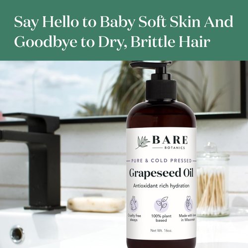 Bare Botanics Pure Grapeseed Oil 16oz | 100% Pure & Cold Pressed Grape Seed Oil for Hair & Dry Skin | Grapeseed Body Oil for Massage | Vegan Cruelty-Free and GMO-Free