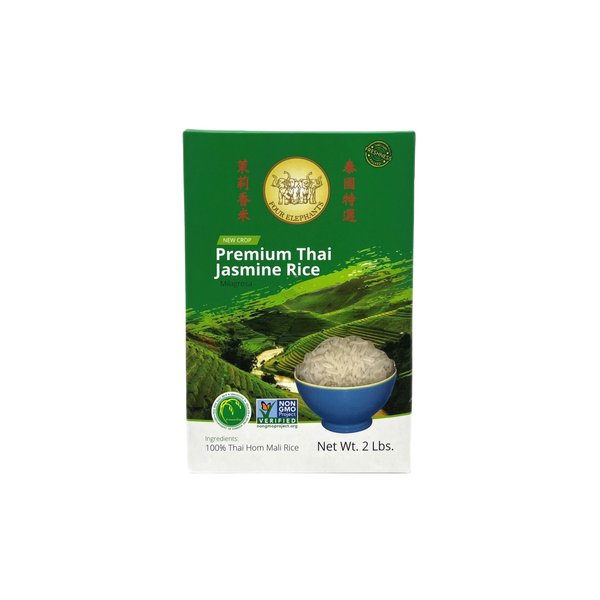 Four Elephants Premium Thai Hom Mali Champion Jasmine Rice Certified Non-GMO 2 lbs With Cooking Instructions Packaging