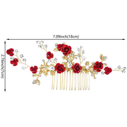 Red Flower Hair Comb Gold Rose Crystal Bridal Side Combs Floral Rhinestone Pearl Combs Vintage Decorative Crystal Emerald Headpiece Wedding Sparkly Hair Accessory for Women
