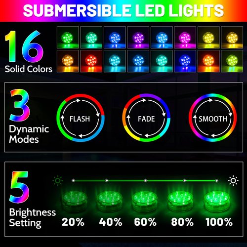 YiaMia Hot Tub Lights, Submersible LED Pool Lights with Suction Cup and Remote Control, 2-Pack RGB Color Battery-Powered Waterproof Lights for Ponds, Decoration, Parties, Vase Bases, Spas, Aquariums