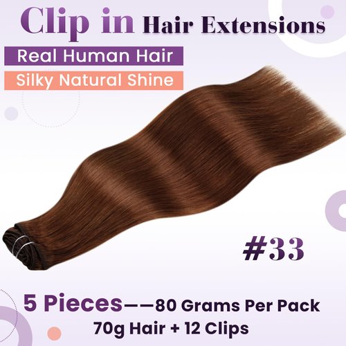 LaaVoo Clip in Hair Extensions Real Human Hair Auburn Hair Extensions Clip Ins Auburn Clip in Hair Extensions For Short Hair Double Weft 12 Inch 80g 5pcs