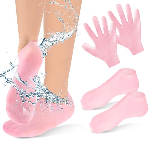 Sibba 2 Pairs Silicone Moisturizing Gloves and Socks, Spa Gel Hydrating Gloves for Overnight Bedtime Heal Eczema Sleeping Lotion Hand Treatment Gloves Socks Repair Rough Cracked Dry Chapped Skin