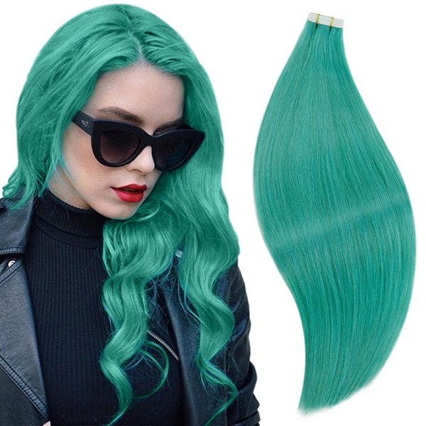 RUNATURE Tape in Hair Extensions Teal Human Hair Highlight 14 Inch Short Natural Tape in Colored Hair Extensions Skin Weft Glue in Hair Extensions Colored Human Hair Invisible 20g 10pcs