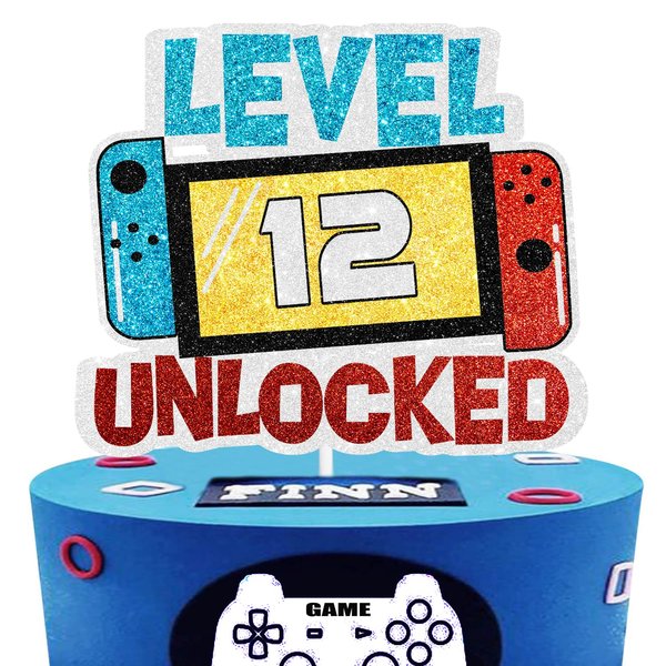 Level 12th Unlocked Cake Topper - Electronic Games Theme Boys Birthday Party Decorations Supplies - 12th Happy Birthday
