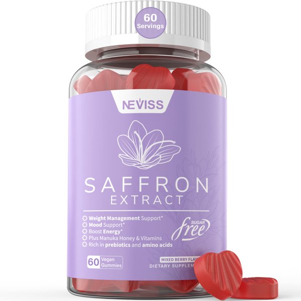 Saffron Supplement Gummies - 100% Pure Saffron Extract Whole Herb Gummies with Honey for Boost Energy, Vitamin B6, B12, D3, C - Sugar Free - Organic, Vegan, Non-GMO - Mixed Berry Flavor - 60 Cts