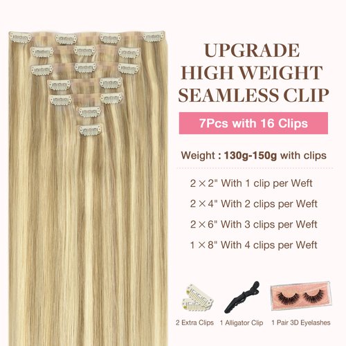 GOO GOO Clip in Hair Extensions Real Human Hair, 18inch 130g 7Pcs, 16/22 Light Blonde Highlighted Golden Blonde, Remy Human Hair Extensions Clip ins for Women, Natural Human Hair