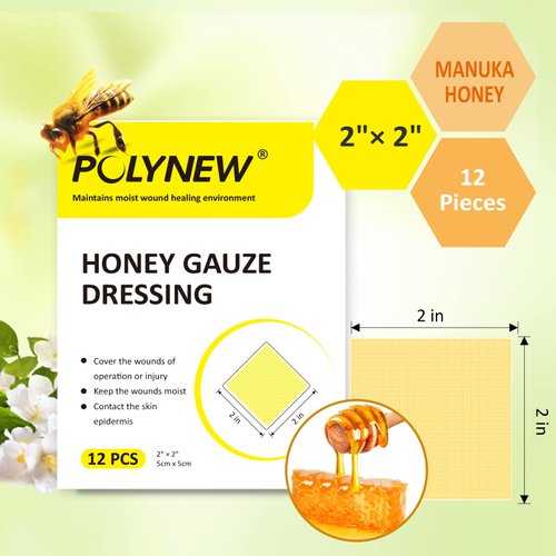Polynew Manuka Honey Gauze Dressing, 2"x2"-12 Individual Package, Manuka Honey Wound Care Gauze for Ulcers, Bedsore, Burns, Abrasions and Cuts for Wound Healing Dressing