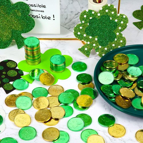 Boao 120 Pieces St. Patrick's Day Coins Shamrock Luck Coins Green and Gold Coins Irish Four Leaf Clover Coins for St. Patrick's Day Party Favor Supplies