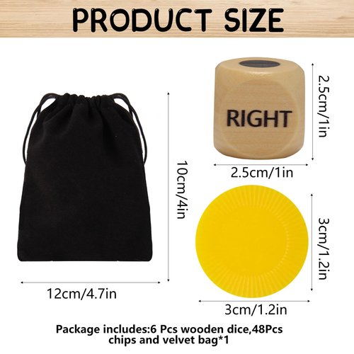 55 Pcs Left Right Center Dice Game Set，Include 6 1-inch Wooden Dices and 48 Pcs Chips, with Drawstring Bag, Easy to Store and Carry Around, Convenient for Travel