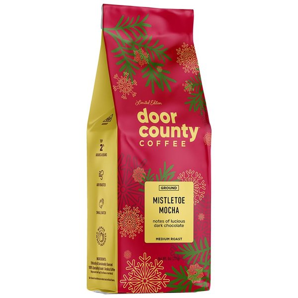 Door County Coffee Mistletoe Mocha Flavored Coffee Ground | 8 oz Bag | Holiday Seasonal Coffee | Medium Roast | 100% Specialty Arabica Coffee | Dark Chocolate Flavored Coffee