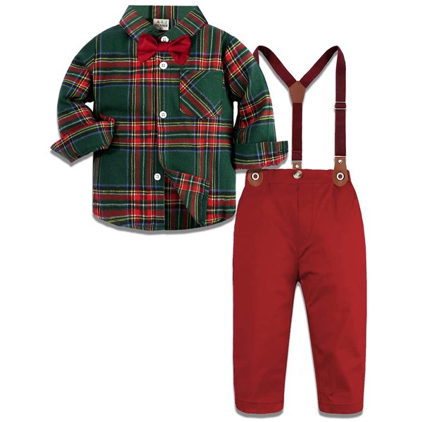 A&J DESIGN Toddler Dress Suits Baby Boys Tartan Gentleman Christmas Suspenders Outfit 18-24 Months Red
