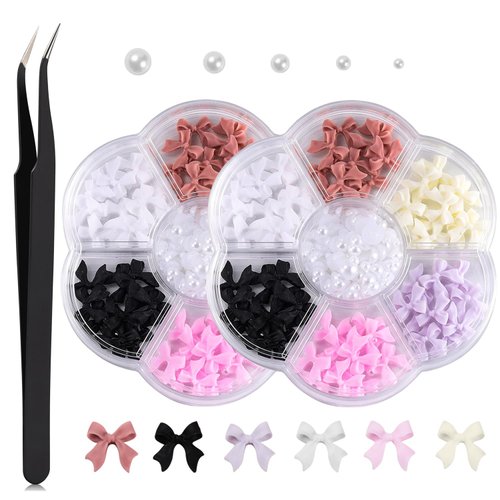 JASSINS Bow Nail Charm for Nail Art Decorations,200PCS Colorful 3D Bow Charm Acrylic Jewel Rhinestones Set for Nail Design DIY Decoration(2 Box 1 tweezers )