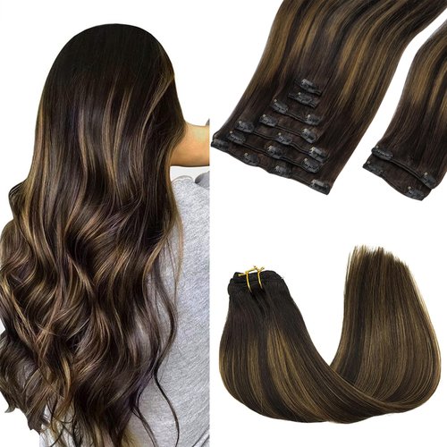 GOO GOO Clip in Hair Extensions Real Human Hair, 16inch 150g 9Pcs, 2/6/2 Balayage Dark Brown to Chestnut Brown, Remy Human Hair Extensions Clip ins for Women, Natural Human Hair