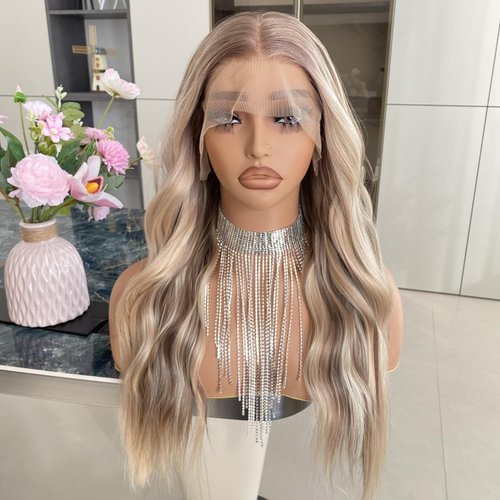 Carkira Brown Wig with Blonde Highlights Ombre Light Brown Root 13x4 Lace Front Wigs Synthetic Fiber Pre Plucked 20Inch Wavy for Women