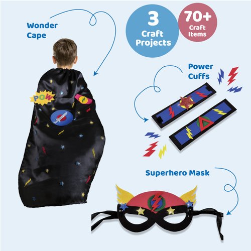 jackinthebox Superhero DIY Costume Art and Craft Kit, Make a Cape, Mask and Cuffs, Best Gift for Boys Ages 5 6 7 8 Years, 3 Craft Projects in 1 Box