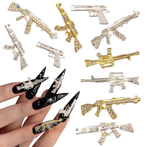 10PCS Gun Nail Charms with Rhinestones for Acrylic Nails - Unique 3D Nail Art Decorations for DIY Manicure and Crafts
