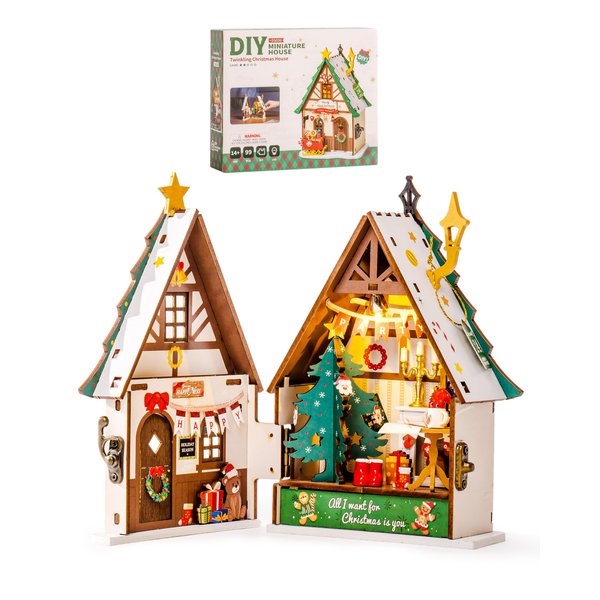 Rowood Miniature House Kit Christmas,Miniature Dollhouse Kits for Adults,Mini House Toy Building Kit,Craft Kits for Women Girls on Christmas-Twinkling Christmas House