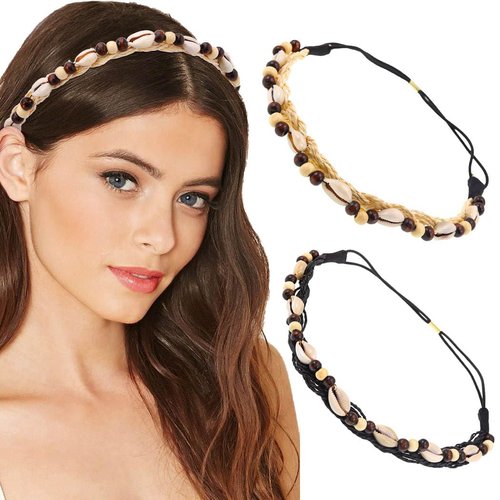 Bouory Boho Elastic Headbands Seashell Braided Hairbands Non Slip Head Bands Stretchy Headpiece for Women 2PCS