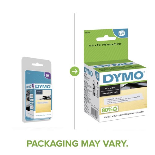DYMO LW Return Address Labels, 3/4" x 2", White, Self-Adhesive, 2 Rolls of 500 (30578)