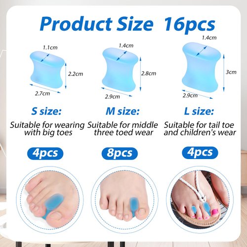 16pcs Gel Toe Separators, Soft Silicone Toe Straighteners Toe Spacers Comfortable Relief Foot Pain Toe Separator Corrector Toe Separators for Men Women Overlapping Toes (S/M/L Size)