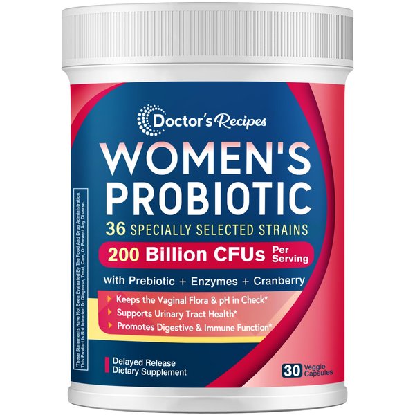 Doctor's Recipes Probiotics for Women, 200B CFUs 36 Strains, with Prebiotics, Enzymes & Cranberry, Vaginal Urinary Digestive & Immune, Shelf Stable, 30 Caps