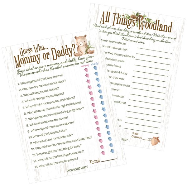 DISTINCTIVS Woodland Bear Baby Shower - All Things Woodland and Mommy or Daddy Matching Game (2 Game Bundle) - 20 Dual Sided Cards