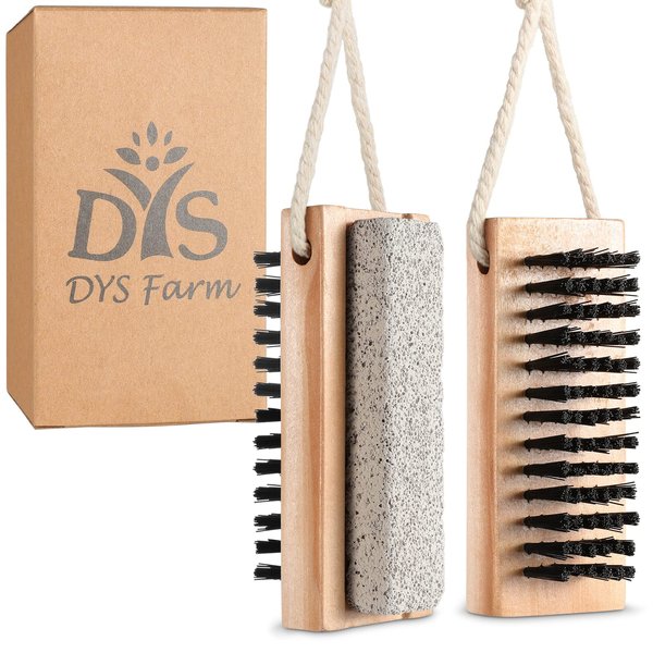 Nail Brushes for Cleaning Fingernails with Stiff Bristles - Wooden Fingernail Brush, Foot Scrubber Brush with Pumice Stone for Cleansing Exfoliating Feet and Hands, 2 in1 Manicure Pedicure Tools