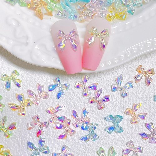 Bow Nail Charms 3D Bow Knot Nail Stud Rhinestones Crystal 1 Box Colorful Bowknot Nail Stones Cute Acrylic Nail Decorations Bows Nail Charm Set for for Woman Girls Nail Art Supplies Accessories（Style7）