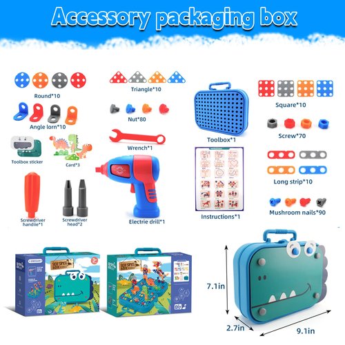 Fiveisix 298Pcs Dinosaur Toy Magic Montessori Play Toolbox for Kids, 2D/3D Creativity Tool Box with Drill, Design and Drill Montessori Toys for 3 4 5 Year Old, Toddler Tool Set Kids Workbench playset
