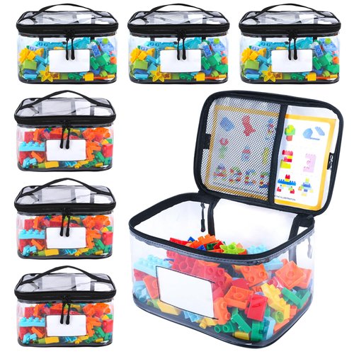 6 Pack Large Toy Storage Bags with Name Tag & Manual Pocket, Reusable Clear PVC Board Game Storage, Travel Waterproof Organizer Bags with Zipper for Building Blocks, Puzzle Storage, Kids Books