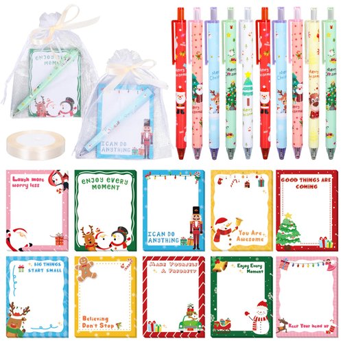 JarThenaAMCS 61Pcs Christmas Party Favors Stationery Gift Set Cute Cartoon Xmas Sticky Notes with Pens Ribbon Organza Bags for Home Office Classroom Winter Party Supplies